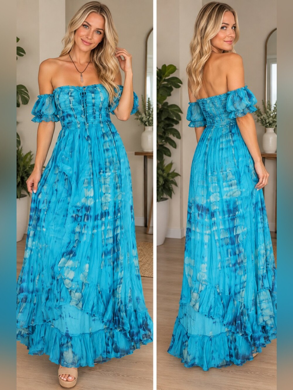 Strapless Blue Maxi Dress with Detachable Sleeves